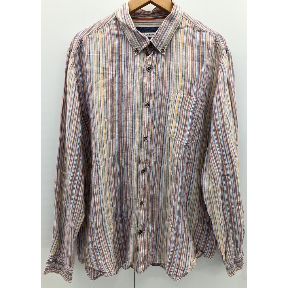 32 Bar Blues Shirt Mens XL Multicolor‎ Striped Linen Button Down Long Sleeve
